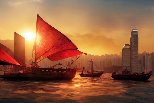 A Chinese red-sail junk boat at sunset. The Hong Kong skyline is pictured in the foreground. 3D illustration.