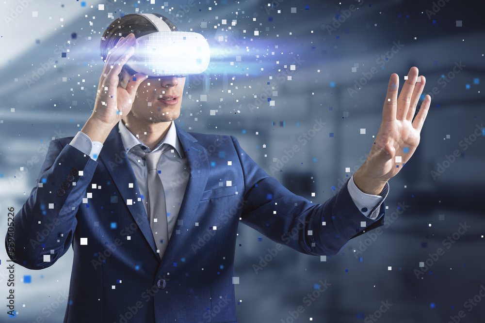 Poster metaverse, crypto currency and investing concept with handsome businessman using vr goggles in immer