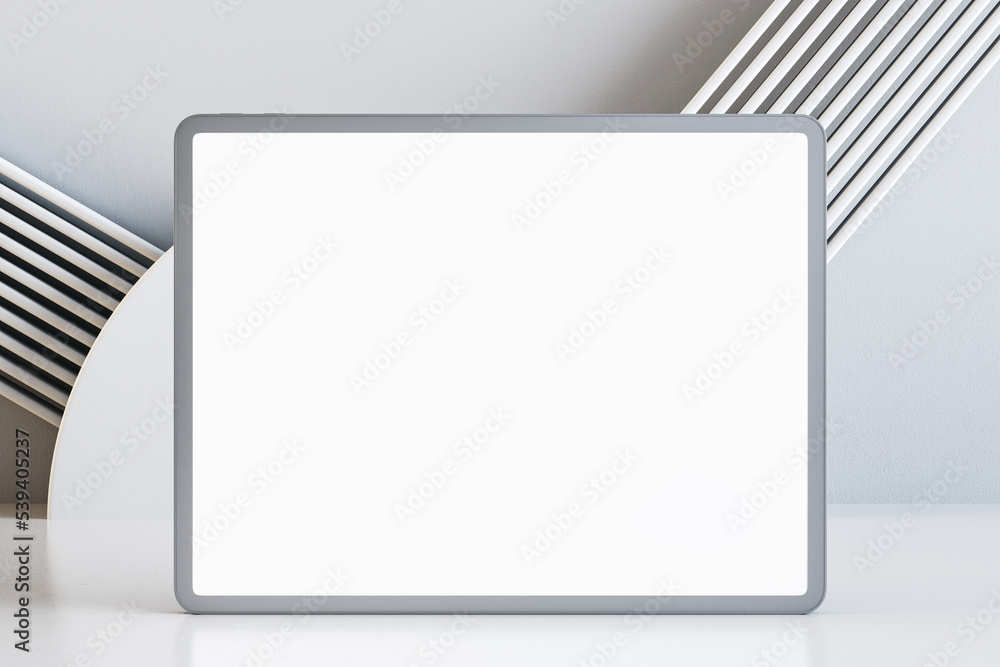 Poster front view on blank white modern digital tablet screen with place for your logo or text on stylish l