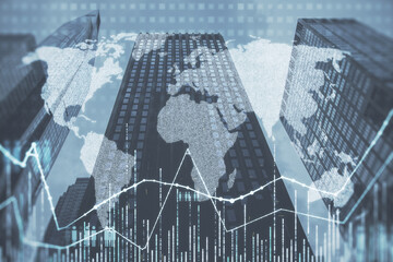 Abstract glowing map hologram on blurry city backdrop. Digital international network, technology and geo communication concept. Double exposure.