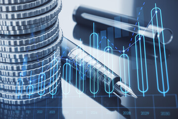 Data stock market comparison and finance concept with digital numeric candlestick on silver coins stack and pen background. 3D rendering