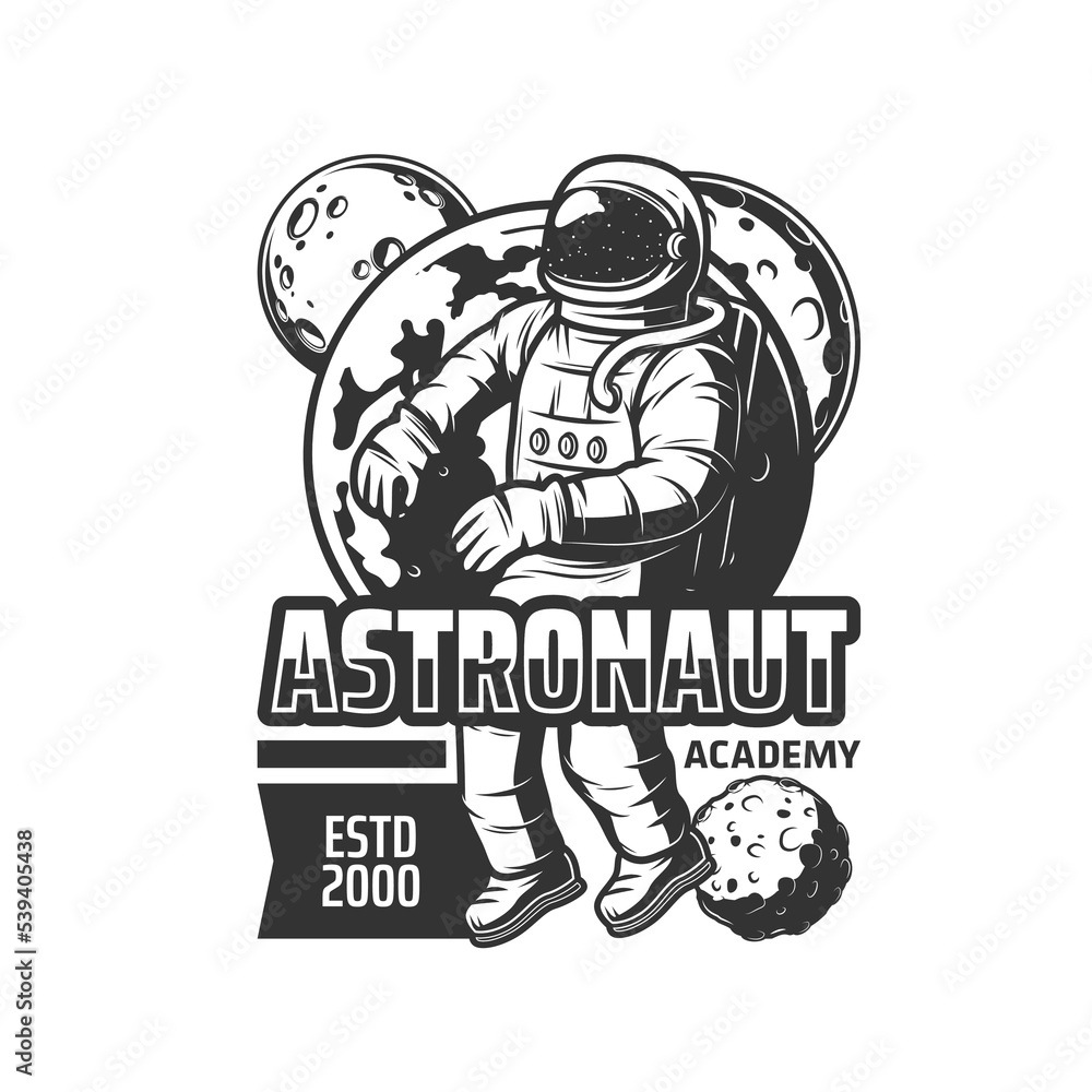 Aufkleber astronaut academy retro icon. space program cosmonauts training center monochrome vector emblem with