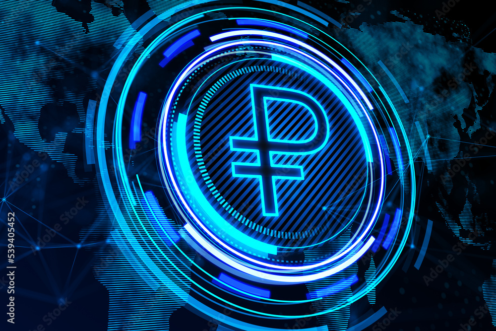 Poster Creative glowing round ruble icon and map hologram on dark backdrop. Finance, currency and global business technologies concept. 3D Rendering.