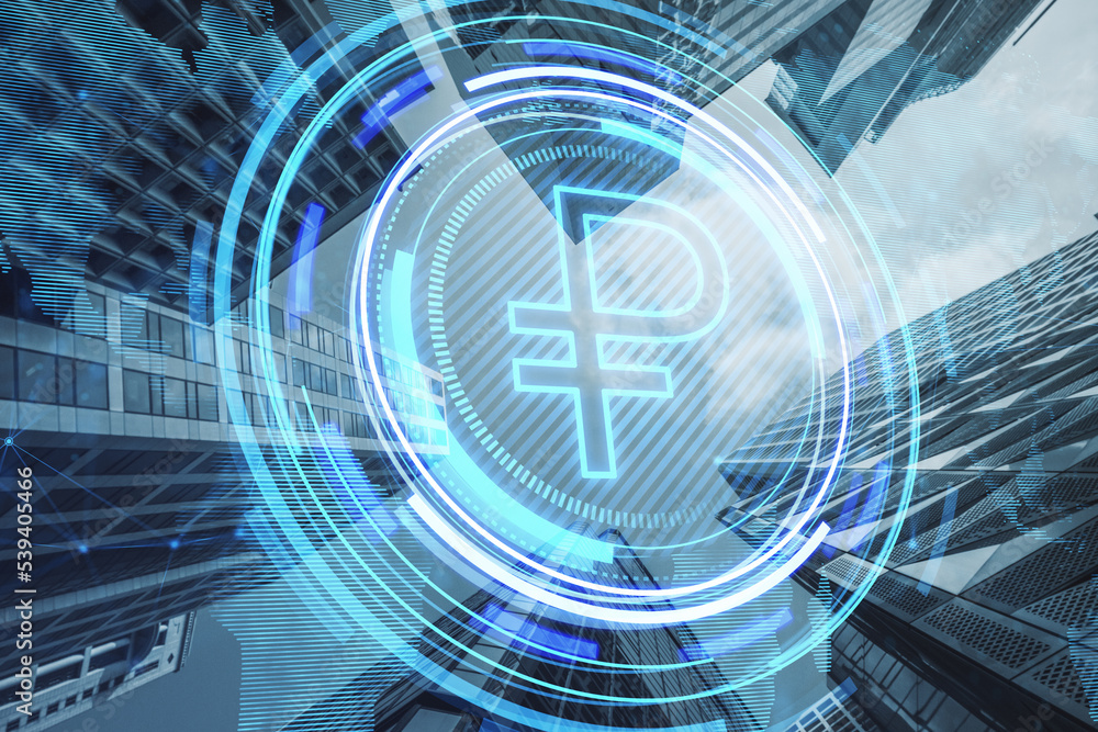 Poster creative glowing round ruble icon and map hologram on blurry city view backdrop. finance, currency a
