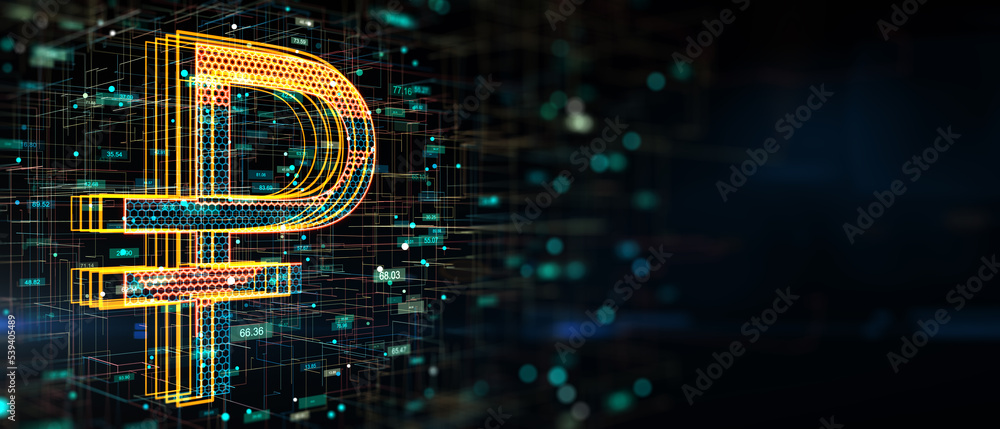 Poster financial concept with bright digital russian ruble symbol concept with honeycombs inside on abstrac