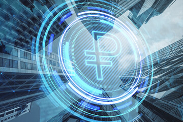 Creative glowing round ruble icon and map hologram on blurry city view backdrop. Finance, currency and global business technologies concept. Double exposure.