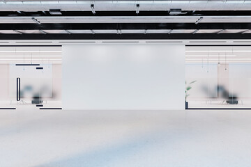 Modern white light glass office interior with mock up place on empty concrete wall. 3D Rendering.