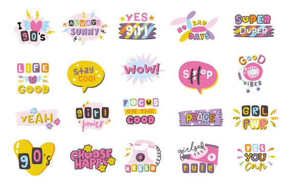 Collection of Cool Cute Vector Design. Y2K.  Trendy Girly quotes Collection. Funny cartoon illustration. Comic element for sticker, poster, graphic tee print, bullet journal cover, card. 1990s, 1980s,