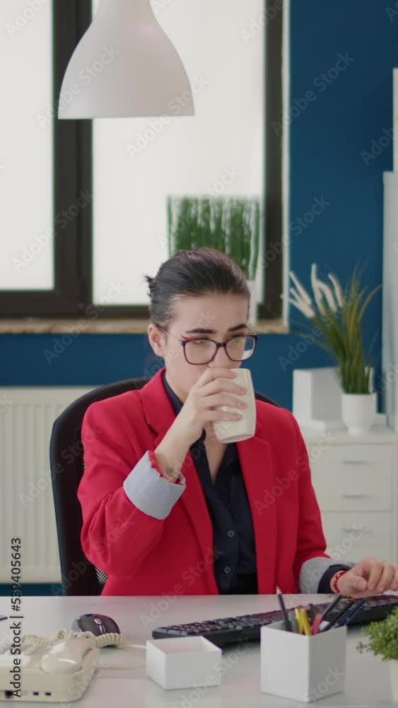 Poster vertical video: company leader using charts on computer for business growth, planning strategy and f