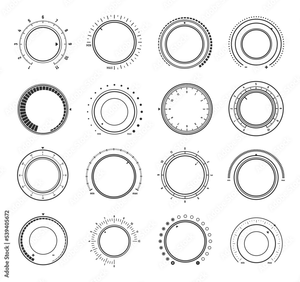 Poster Volume round knob switch dials. Music sound control interface regulators. Power control analog buttons outline sign, UI rotate dials and audio settings regulators vector dials or icons