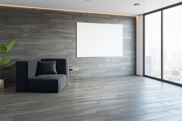 Modern lobby interior with window and city view, armchair, decorative plant and blank white mock up frame on wooden wall. 3D Rendering.