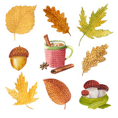 Knitting watercolor autumn leaves cliparts