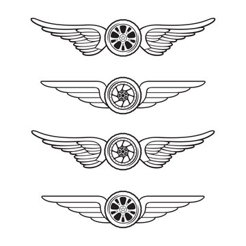 Wheels with outstretched wings isolated on white background for racing club emblem design