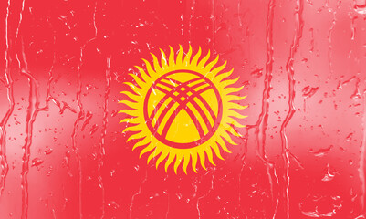 3D Flag of Kyrgyzstan on a glass with water drop background.