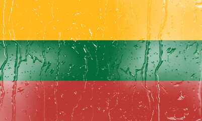 3D Flag of Lithuania on a glass with water drop background.