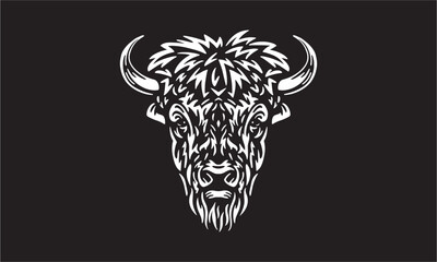 Dark background illustration of a buffalo. Head illustration, vector, hand drawn, isolated on black background. © Janja