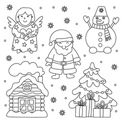 Christmas doodle set with cute angel, snowman, Santa, christmas tree and winter house. Vector illustration. Isolated black outline. Great for greeting Xmas cards, coloring books.