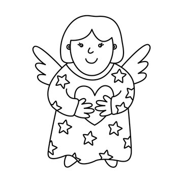 Cute cheerful little angel with heart in doodle hand drawn style. Vector illustration. Isolated black outline. Great for greeting Xmas cards, coloring books.