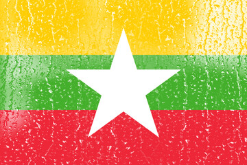 3D Flag of Myanmar on a glass with water drop background.