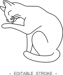 Isolated black outline cartoon sitting cat licks paw on white background. Curve lines. Page of coloring book. Editable stroke.
