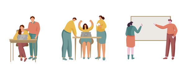 Faceless Business People Working Together At Workplace In Three Step On White Background.