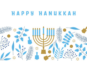 Happy Hanukkah. Celebration with menorah and dreidels, flowers. Blue and white design. Hanukkah religion holiday background with flowers - obrazy, fototapety, plakaty