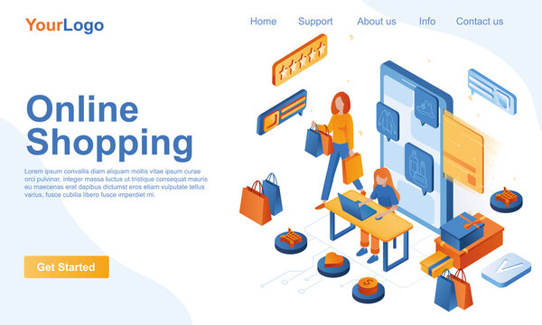 Online shopping isometric landing page template. Customer buying clothing or shoes at store webpage 3d concept. Mobile application for online purchases and payment. Illustration in flat design