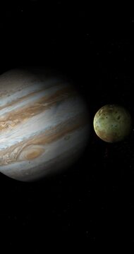 Jupiter planet and satellite Io in rotation in the outer space. 4K Vertical