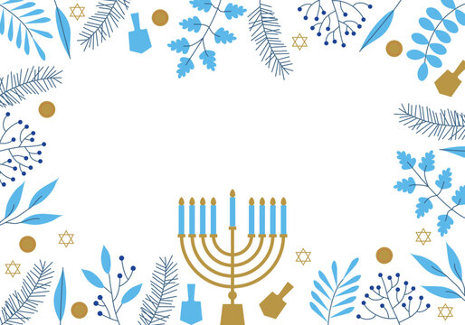 Happy Hanukkah. Celebration with menorah and dreidels, flowers. Blue and white design. Hanukkah religion holiday background with flowers