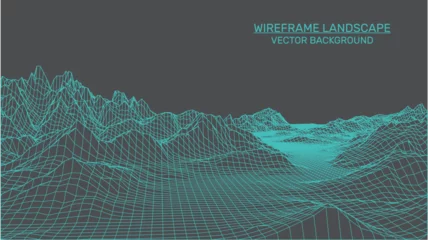 Fotobehang Grijs Abstract landscape background. Mesh structure. Polygonal wireframe background. 3d technology vector illustration  