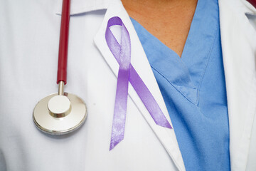 Asian woman doctor with purple ribbon, World Pancreatic Cancer day or World Alzheimer day.