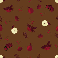 Autumn seamless pattern with mountain ash, oak leaves, acorn, rosehip berry, red apple and slice of apple on brown background. Beautiful design print for wallpaper or bed linen. Autumn concept.