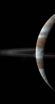 Jupiter planet with her rings in rotation in the outer space. 4K Vertical