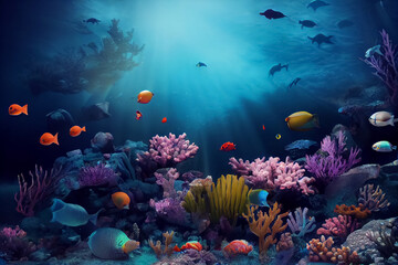Naklejka na ściany i meble 3d illustration of underwater sea colorful tropical fish in the coral reef