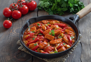 Turkish stew Tavuk sote. Sauteed chicken breast in tomato sauce mixed with onion and colorful bell...