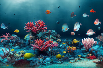 Naklejka na ściany i meble 3d illustration of underwater sea colorful tropical fish in the coral reef