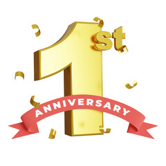3d rendering 1st anniversary celebration golden number with confetti - obrazy, fototapety, plakaty