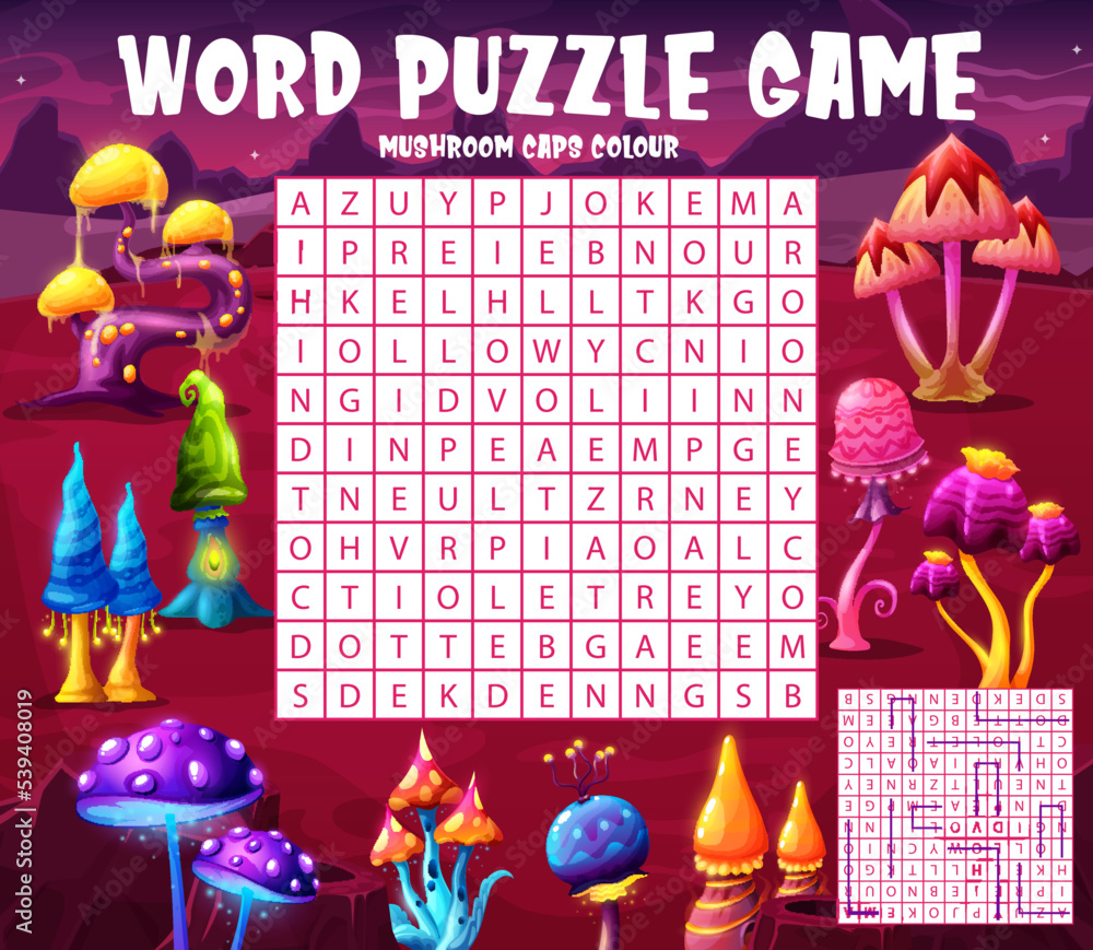 Aufkleber Find a color of alien magic mushroom caps word search puzzle quiz game worksheet. Kids quiz grid, kindergarten children puzzle game or child logical vector riddle with words in letters find task