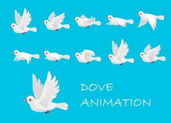 Flying white dove motion animation. Cartoon bird fly in sky action stages, cute white dove character, animal movement vector sequence or funny pigeon personage animation frames