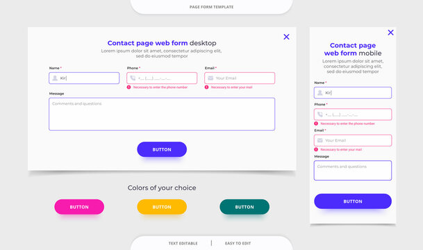 Contact page web form banner template. Popup form. Web design template. Collection of color buttons. Desktop and mobile.