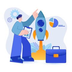 Startup concept. Businessman starts new success business scene. Company development, project investments, business analytics, profit growth. Illustration with people character in flat design