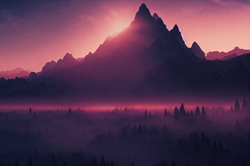 3d illustration of fantastic landscape peaks mountain at sunset