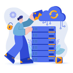 Cloud storage concept. Man uses Internet storage services scene. Servers racks, online databases, networks, software, analytics, security. Illustration with people character in flat design