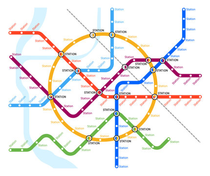 Metro, underground and subway map. Urban city railway station lines scheme. Passenger transportation infrastructure, subway lines, bus, tram or railroad stations scheme, metro network routes map