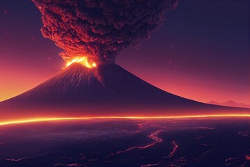 3d illustratie van de vulkaan van het nachtlandschap met brandende lava en rookwolken