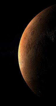Mars planet half illuminated rotating in the space. 4K Vertical