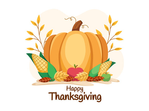 Happy Thanksgiving Day Illustration with agricultural products corn, pumpkin, apple and with leaves in autumn. 
Thanksgiving greeting card with pumpkin.
Suitable for banner, poster, web, postcard, etc