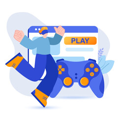 Virtual reality concept. Man wearing VR glasses playing an interactive video game scene. Augmented reality technologies, gaming innovation. Illustration with people character in flat design