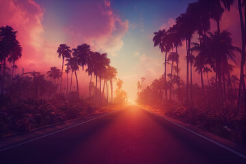 3d illustration of road with palm trees around and sunset
