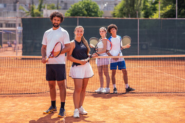 Full length portrait of confident tennis players with rackets and ball on court